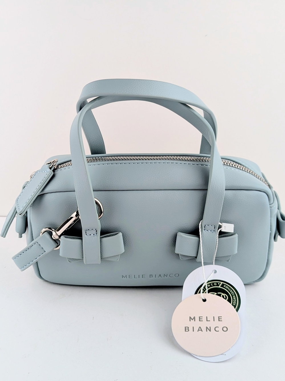 Melie Bianco Gray-Blue Mini Satchel Crossbody Handbag Vegan Leather With Bows